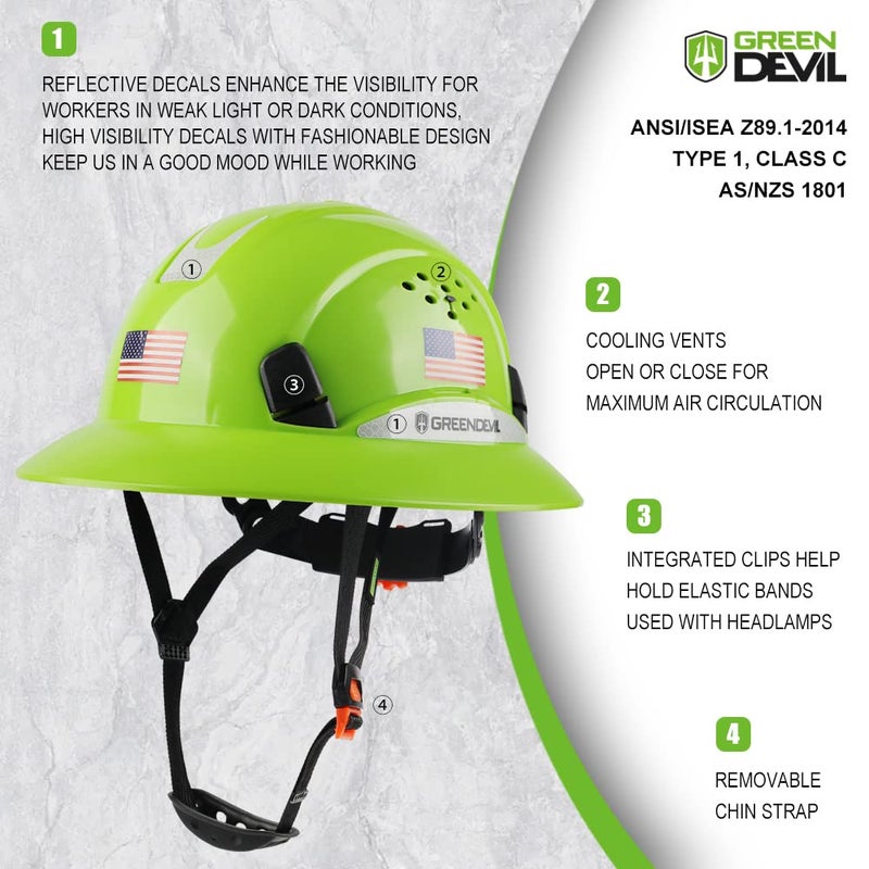 GREEN DEVIL خوذة أمان البناء ذات الحافة الكاملة ذات فتحات تهوية معتمدة من إدارة السلامة والصحة المهنية Cascos De Construccion قبعات عمل صلبة مع منشفة تبريد للرجال والنساء 6 نقاط تعليق بسقاطة قابلة للتعديل - Image 3